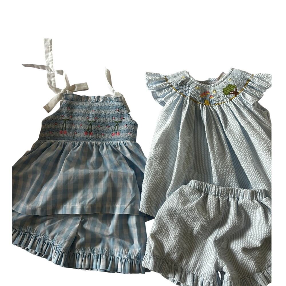 Stitchy Fish Girls 4T Smocked Dresses Lot of 2 Blue Boutique w Bloomers